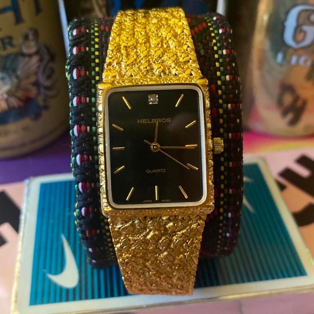 Vintage Helbros Gold Nugget Plated Quartz Japan Movement Analog Watch
